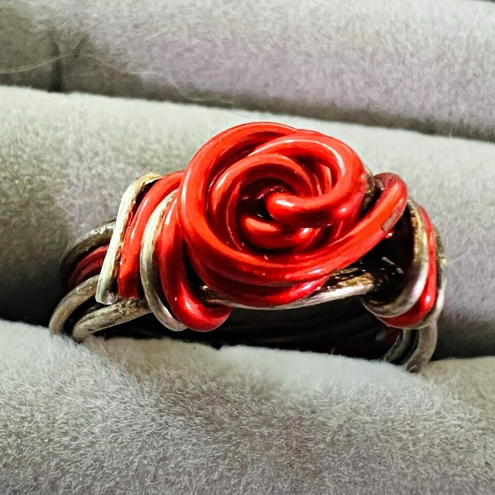 Silver Tone Wire Wrap Red Rose Flower Metal Cocktail Ring - No Stone